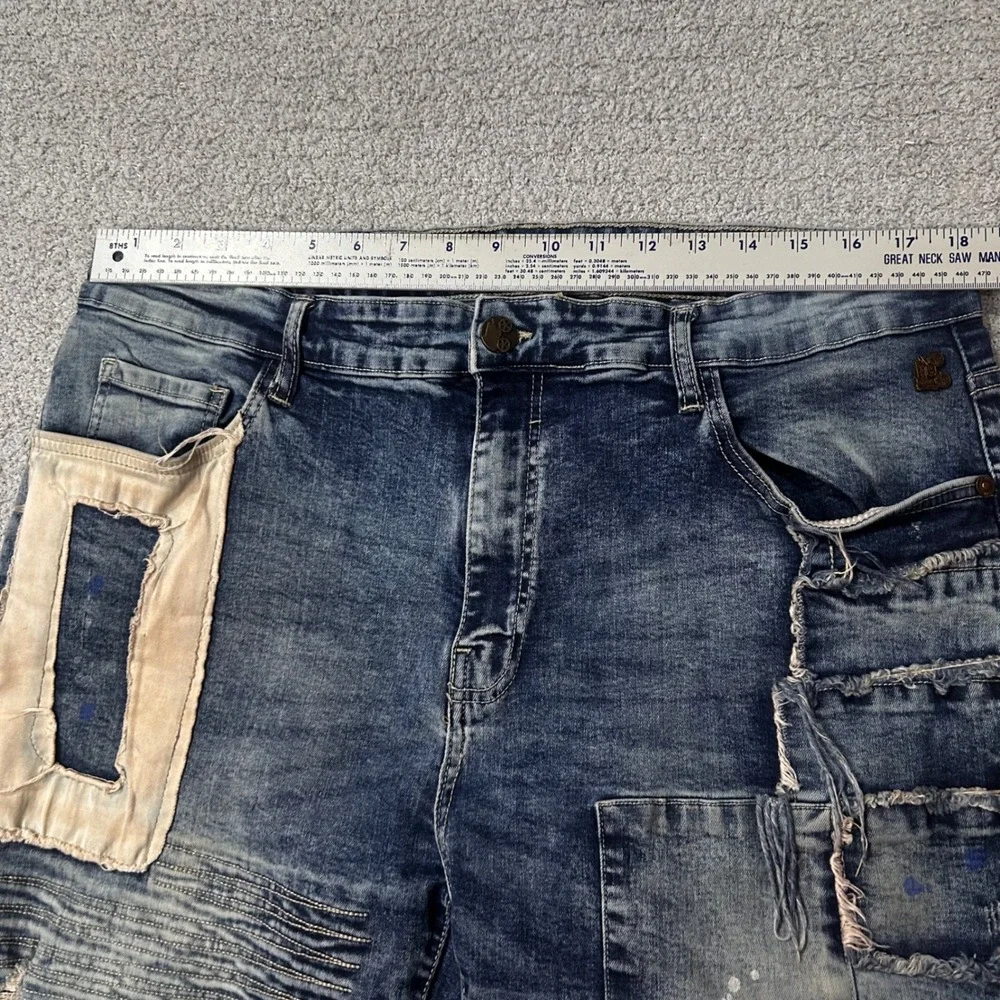 Grindhouse Denim Short Biker Distressed 38 Blue Moto Patchwork Streetwear Grunge